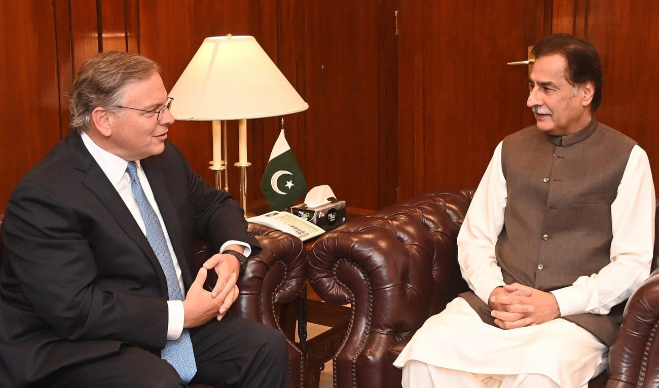 In this handout photo, taken and released by the Government of Pakistan, Parliament speaker Sardar Ayaz Sadiq (right) meets US Ambassador Donald Blome at the National Assembly office in Islamabad on March 17, 2024. (Photo courtesy: X/@NationalAssemblyOfPakistan)