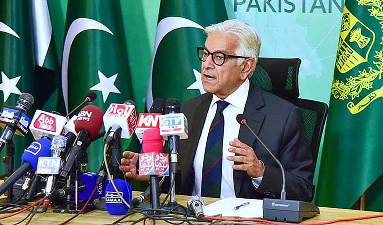Pakistan’s Defense Minister Khawaja Muhammad Asif addressing a press conference in Islamabad on May 11, 2023. (APP)