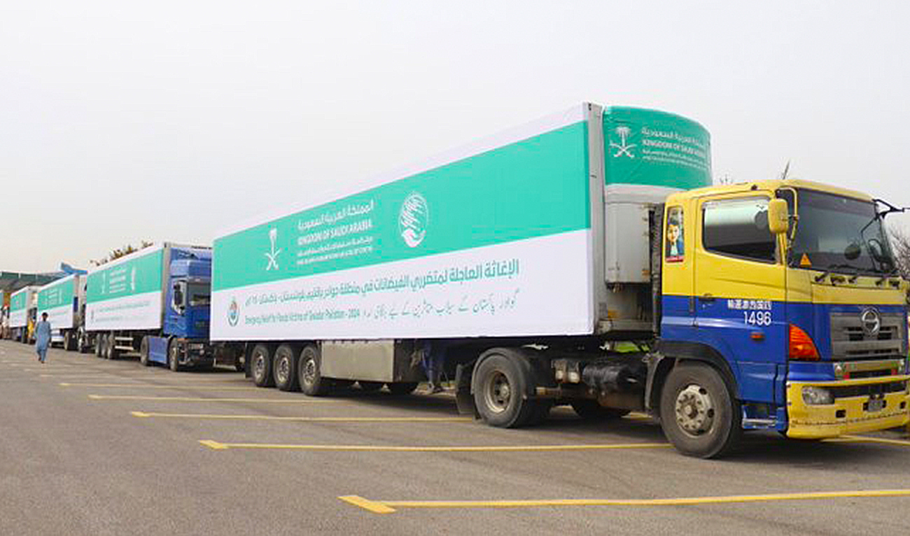 The file photo shows Saudi Arabia's KSrelief's emergency relief convoy of 5 containers loaded with relief goods for the rain-impacted areas of Gwadar, Pakistan on March 10, 2024. (Photo courtesy: NMDA)