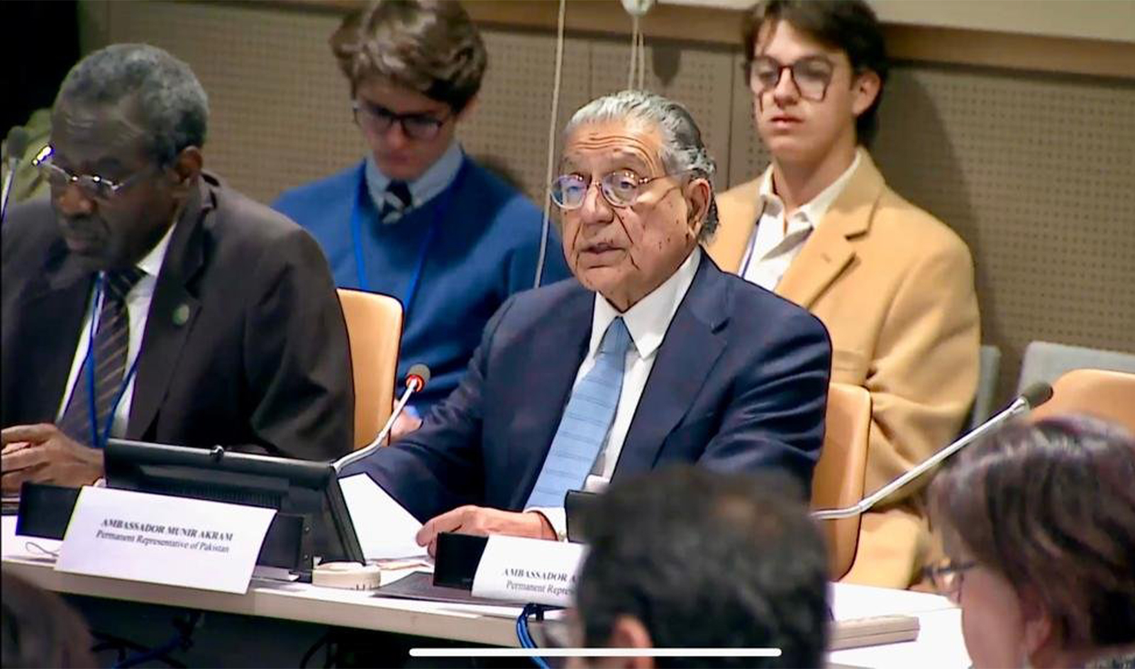 Pakistan’s top diplomat at the UN, Ambassador Munir Akram, is addressing participants of an event titled "Women Under Foreign Occupation" in New York, US, on March 18, 2024. (@PakistanUN_NY/X)