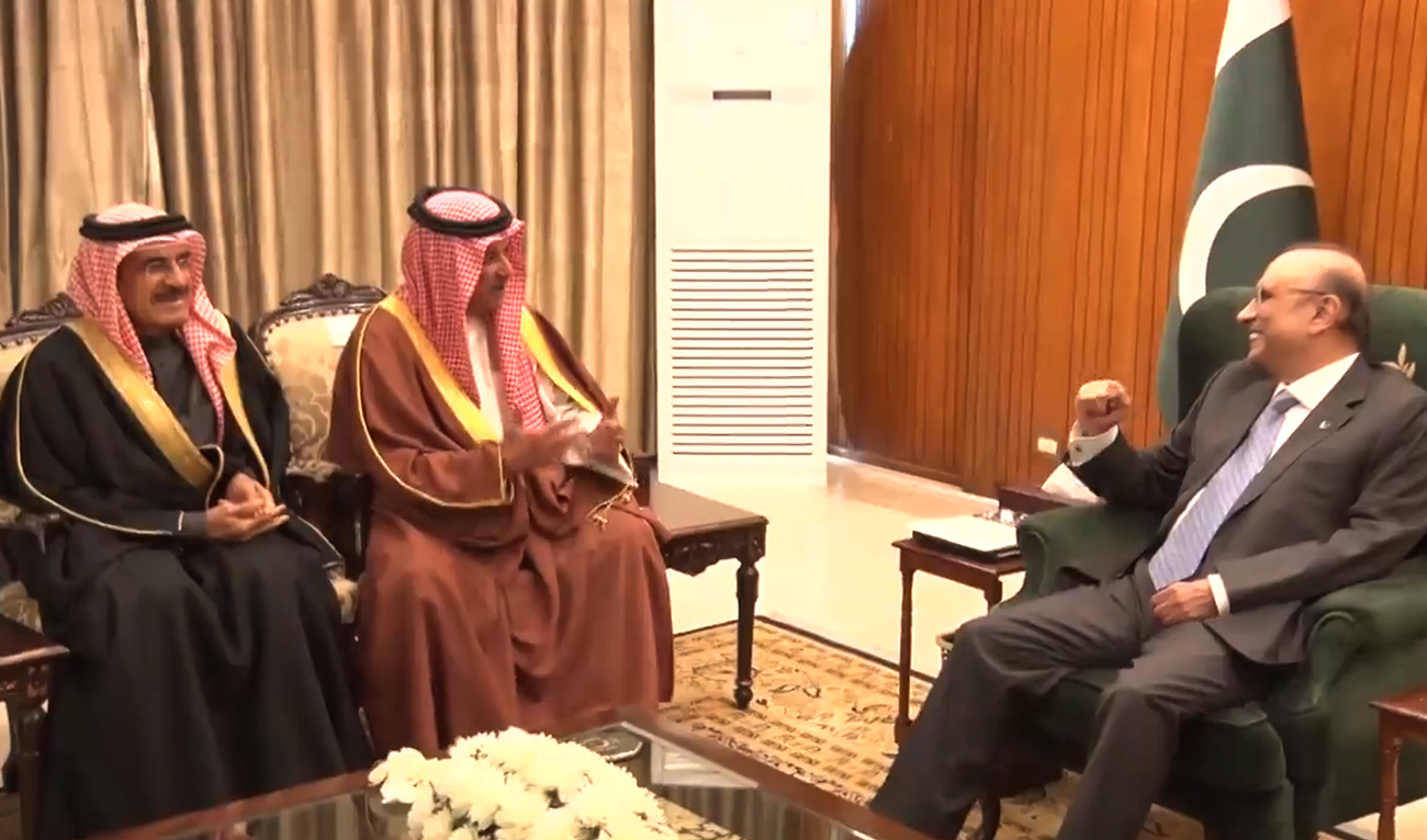 In this screengrab, taken from a handout video released by President’s office, Pakistan President Asif Ali Zardari (R) meets General Sheikh Mohammad bin Isa bin Salman Al-Khalifa (2L), the commander of the National Guard of Bahrain, at the President House in Islamabad on March 19, 2024. (Photo courtesy: X/@PresOfPakistan)
