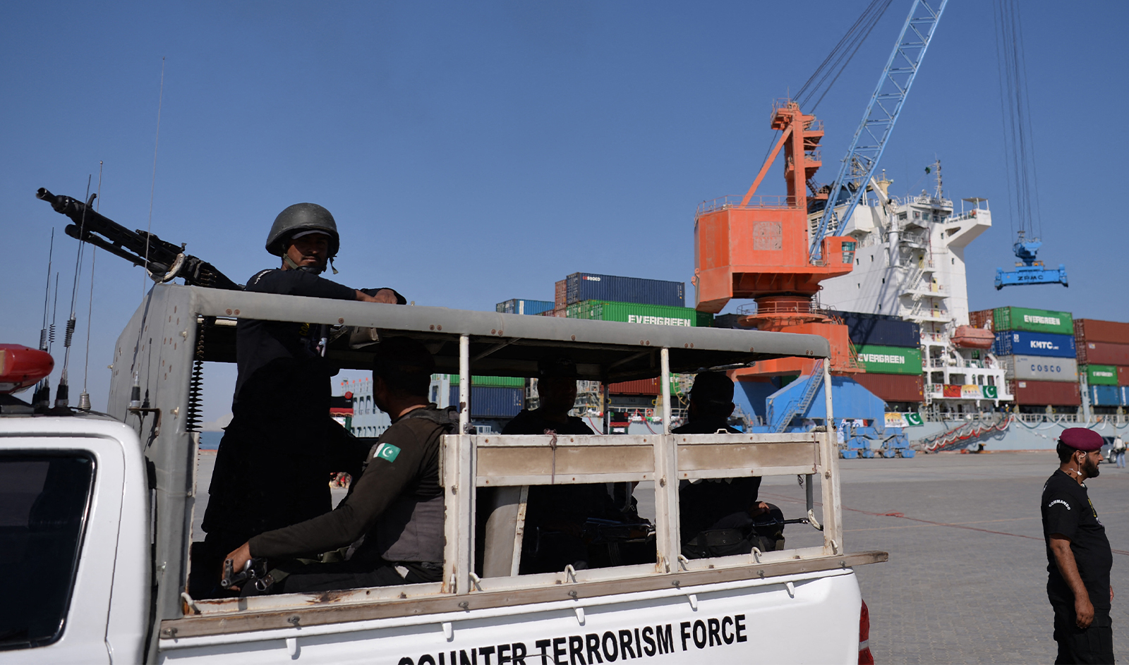Pakistani security personnel patrol near a ship in Gwadar port, some 700 kms west of Karachi on November 13, 2016. (FP/File)