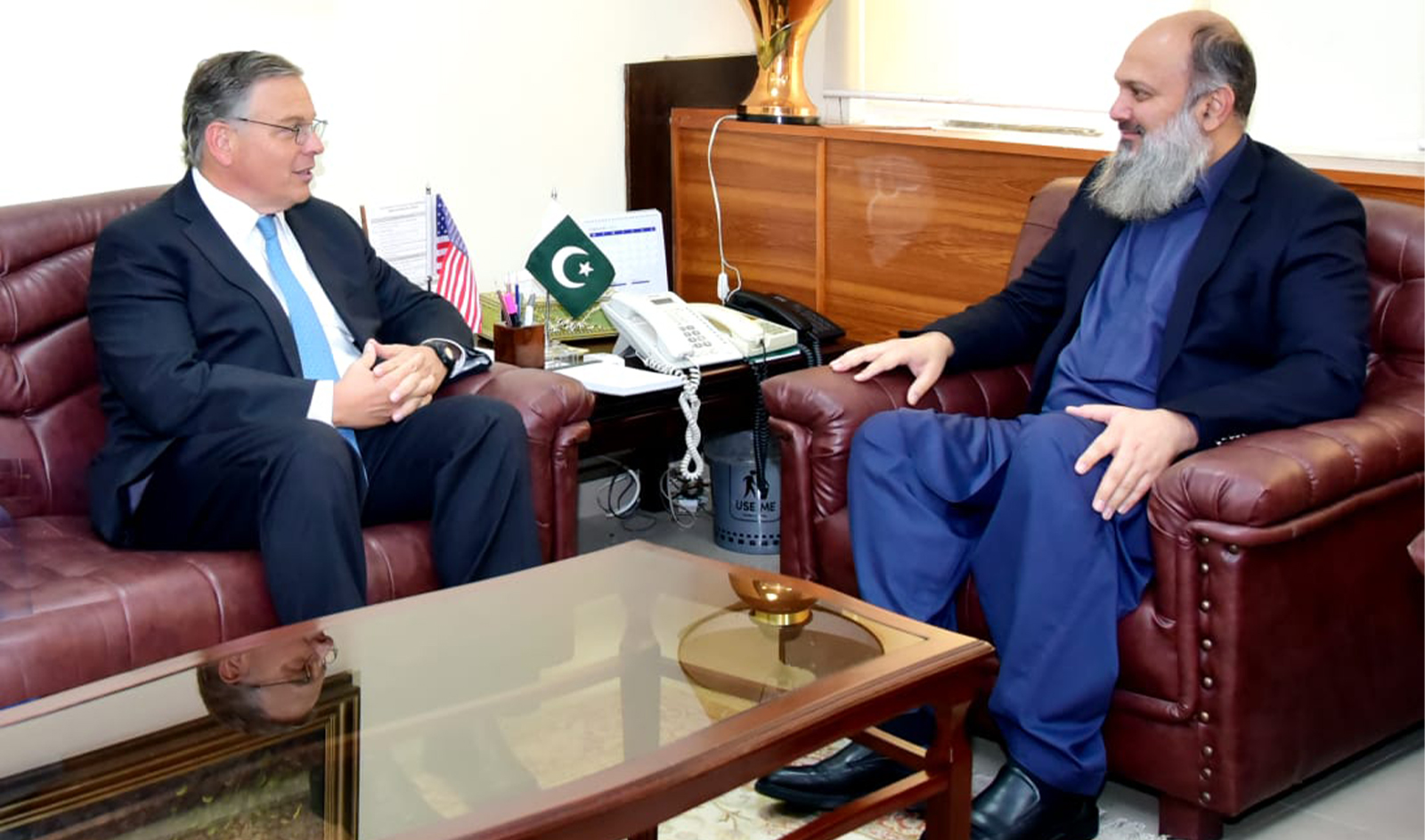 US Ambassador to Pakistan Donald Blome (left) calls on Pakistan's Commerce Minister Jam Kamal Khan in Islamabad, Pakistan, on March 20, 2024. (Pakistan's commerce ministry)