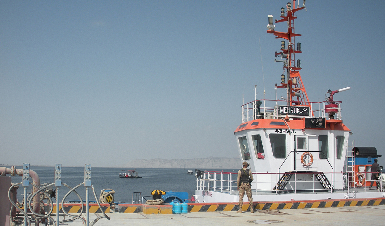 In this photograph taken on October 4, 2017, a Pakistani army soldier stands guard at Gwadar port. (AFP/File)
