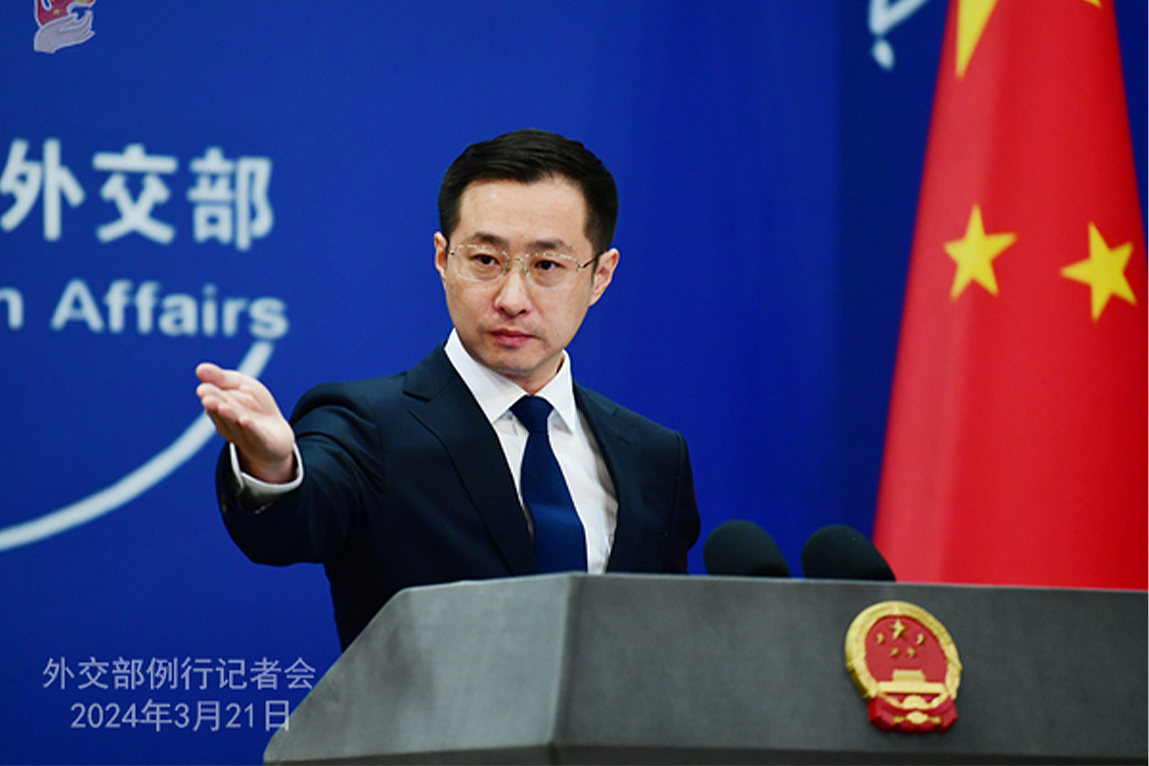 China's foreign ministry spokesperson Lin Jian gestures during a media briefing in Beijing, China, on March 21, 2024. (Chinese foreign ministry)