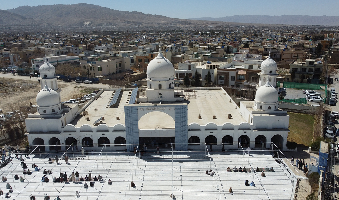 The photo taken on March 23, 2024, shows an ariel view of the grand Jamia Masjid located in Jinnah Town of Pakistan’s southwestern Quetta city. (AN Photo)