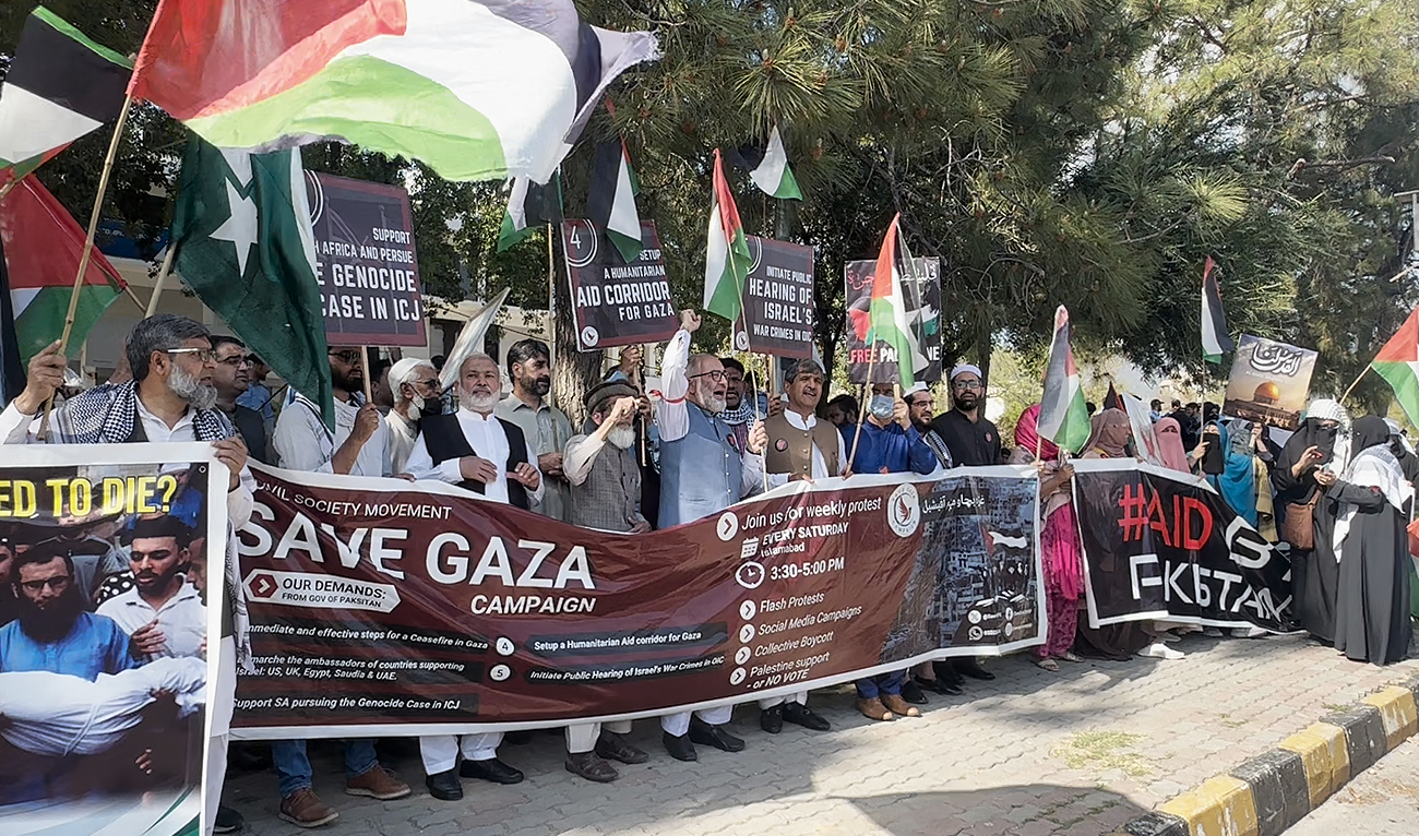 People protest in solidarity with Palestinians demanding an “immediate cease fire in Gaza” at the D-Chowk, near Pakistan’s parliament house, in Islamabad on March 24, 2024. (AN Photo)