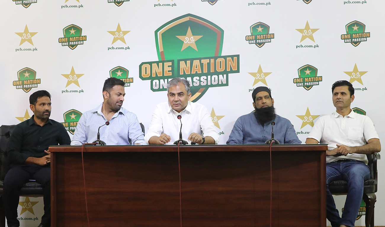Pakistan Cricket Board Chairman Mohsin Naqvi (C) speaks during a press conference in Lahore on March 24, 2024. (Photo courtesy: PCB)
