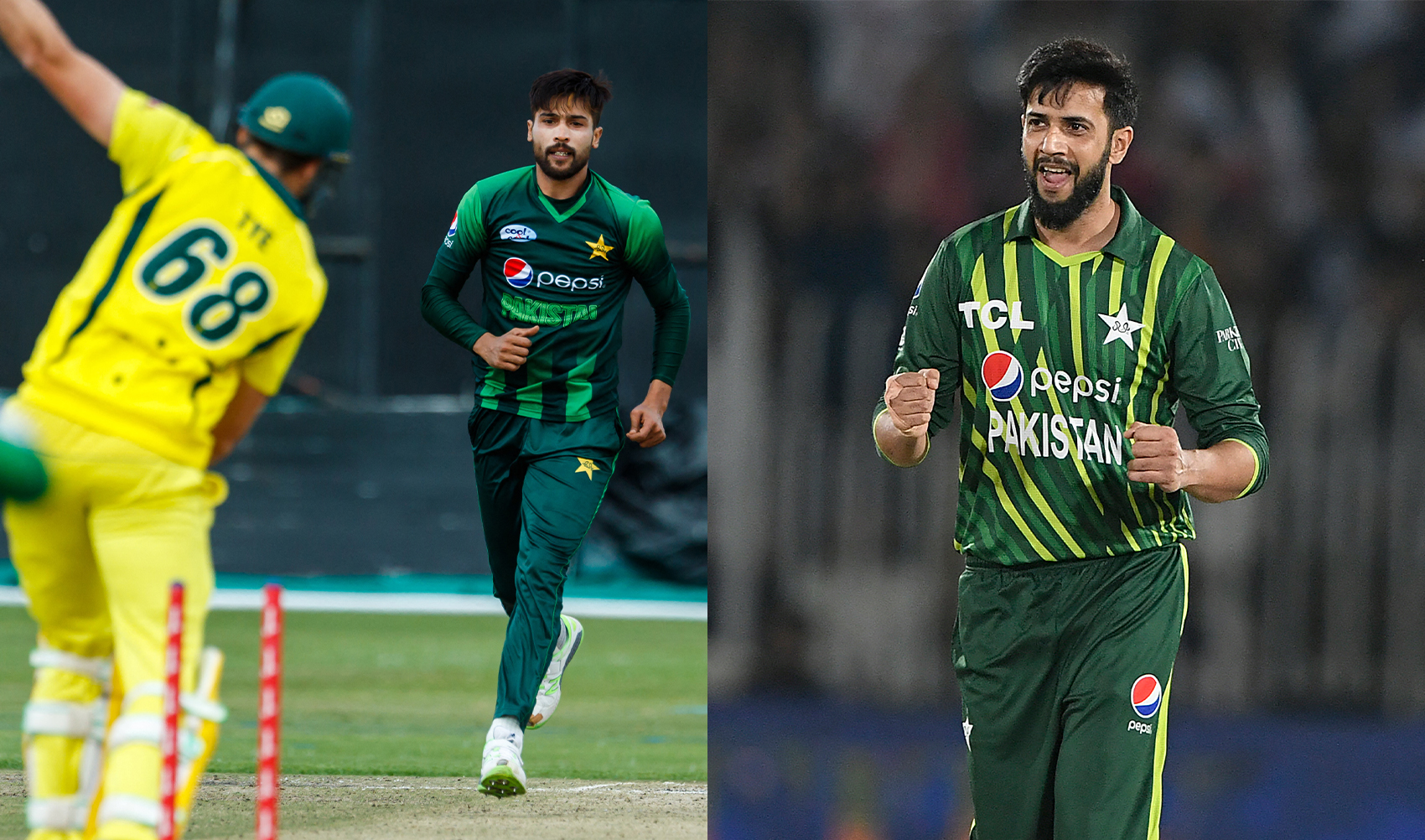 The collage of images created on March 25, 2024 shows Pakistani cricketers Muhammad Amir (left) and Imad Wasim. (AFP/File)