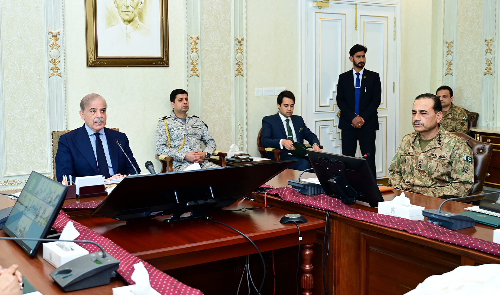 Pakistan Prime Minister Shehbaz Sharif (left) is pictured chairing a high-level security meeting along with Chief of Army Staff General Asim Munir (right) in Islamabad, Pakistan, on March 27, 2024. (Government of Pakistan)