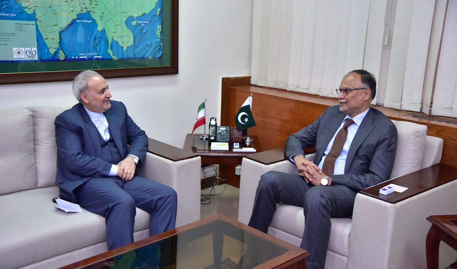 Iran’s Ambassador to Pakistan Dr. Raza Amiri Moghaddam (left) meets Pakistan’s Planning Minister Ahsan Iqbal in Islamabad, Pakistan on March 27, 2024. (@PlanComPakistan/X)
