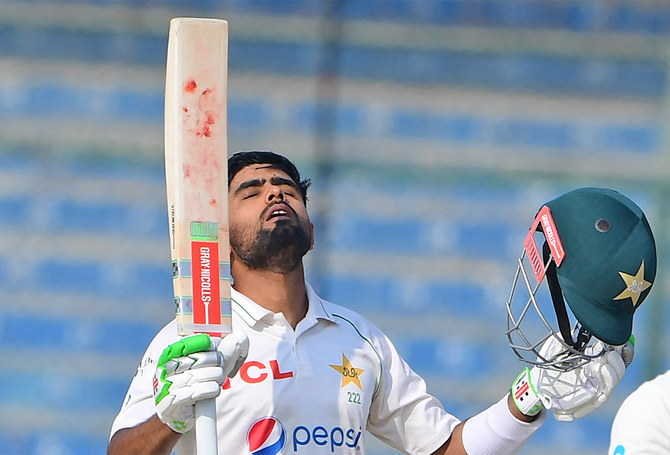 Pakistan's captain Babar Azam gestures after scoring a century (100 runs) during the first day of the first cricket Test match between Pakistan and New Zealand at the National Stadium in Karachi on December 26, 2022. (AFP/File)