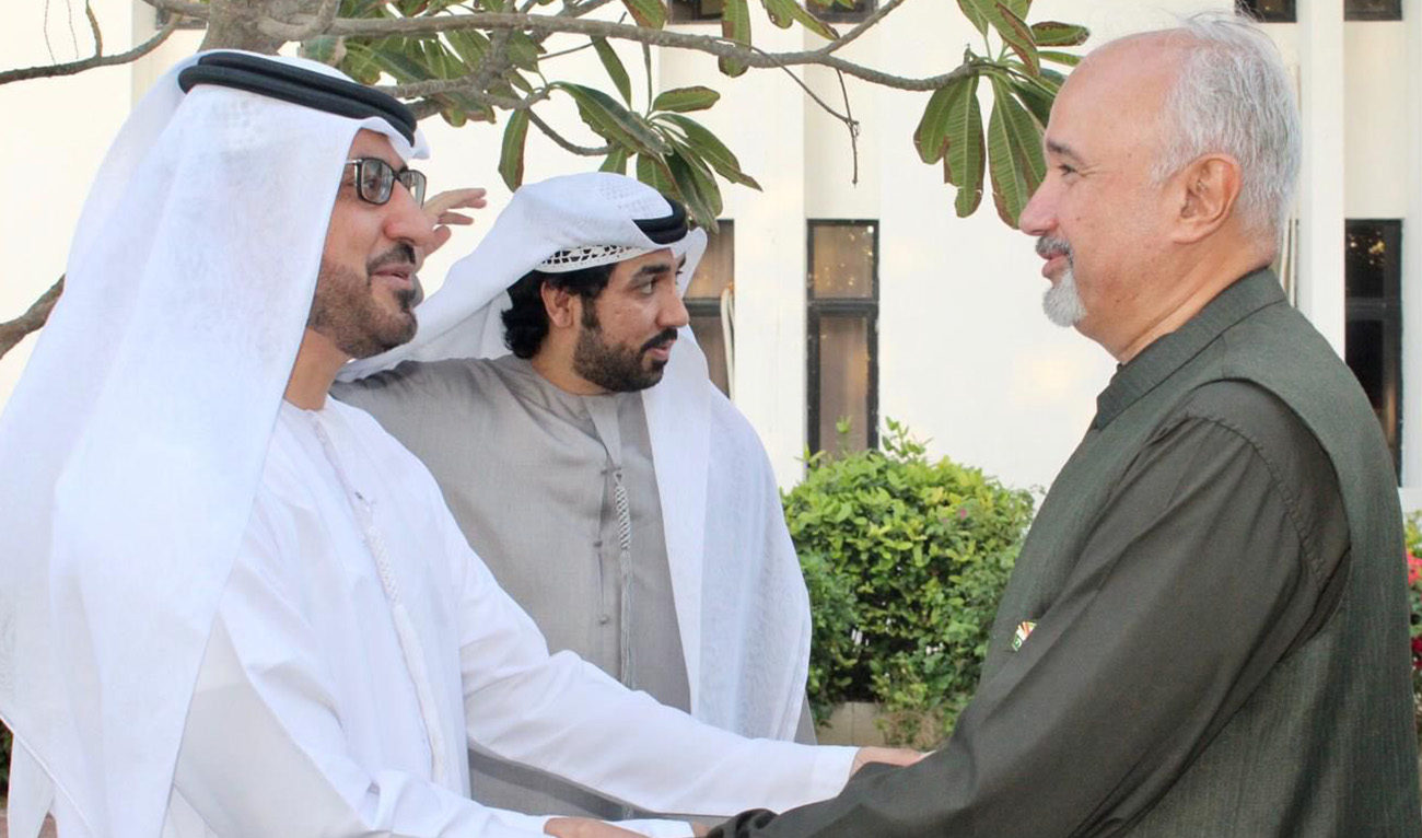Faisal Niaz Tirmizi (right), Pakistan’s ambassador to the United Arab Emirates, greets guests at an iftar gathering at the Pakistani embassy in the UAE on March 29, 2024. (Photo courtesy: @PakinUAE_/X)