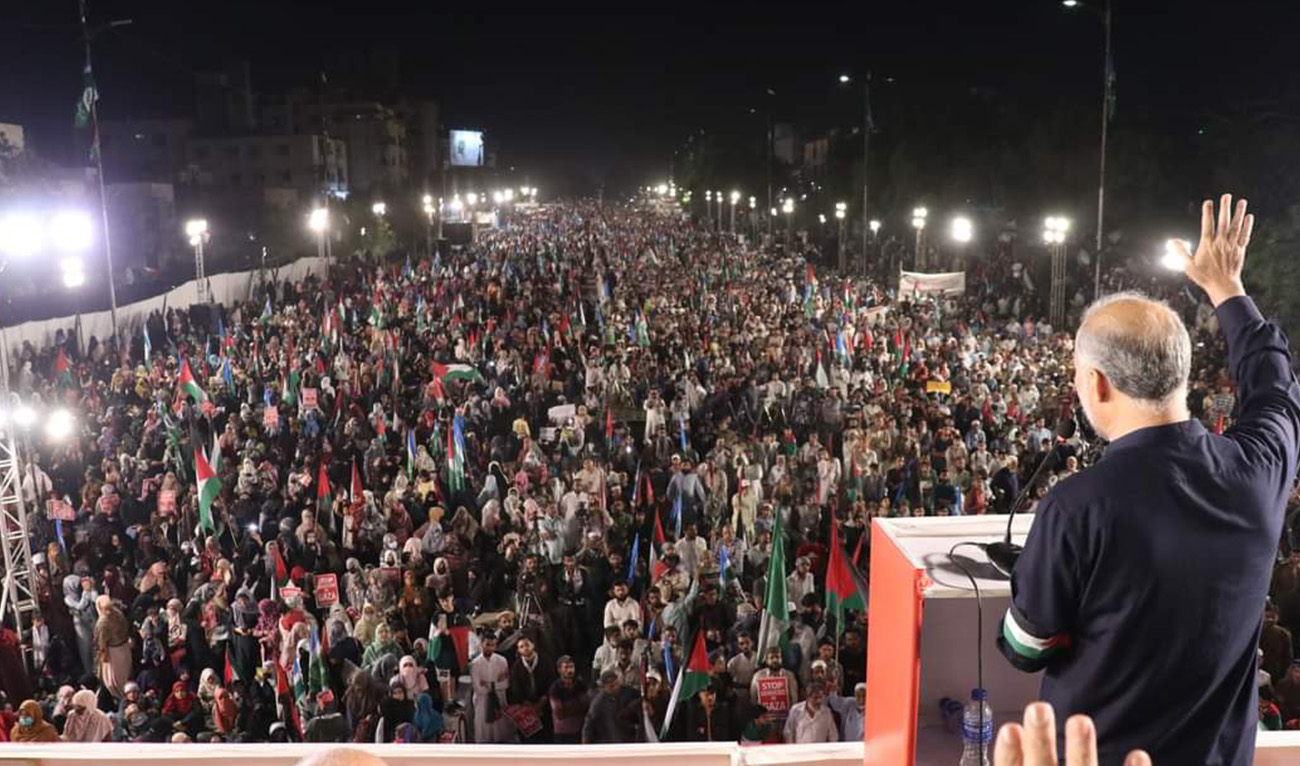 Supporters of the Islamist political party Jamaat-e-Islami hold rally to show solidarity with the Palestinian people amid the ongoing battles between Israel and the Palestinian Hamas group in the Gaza Strip, on March 31, 2024, in Karachi. (AN Photo)