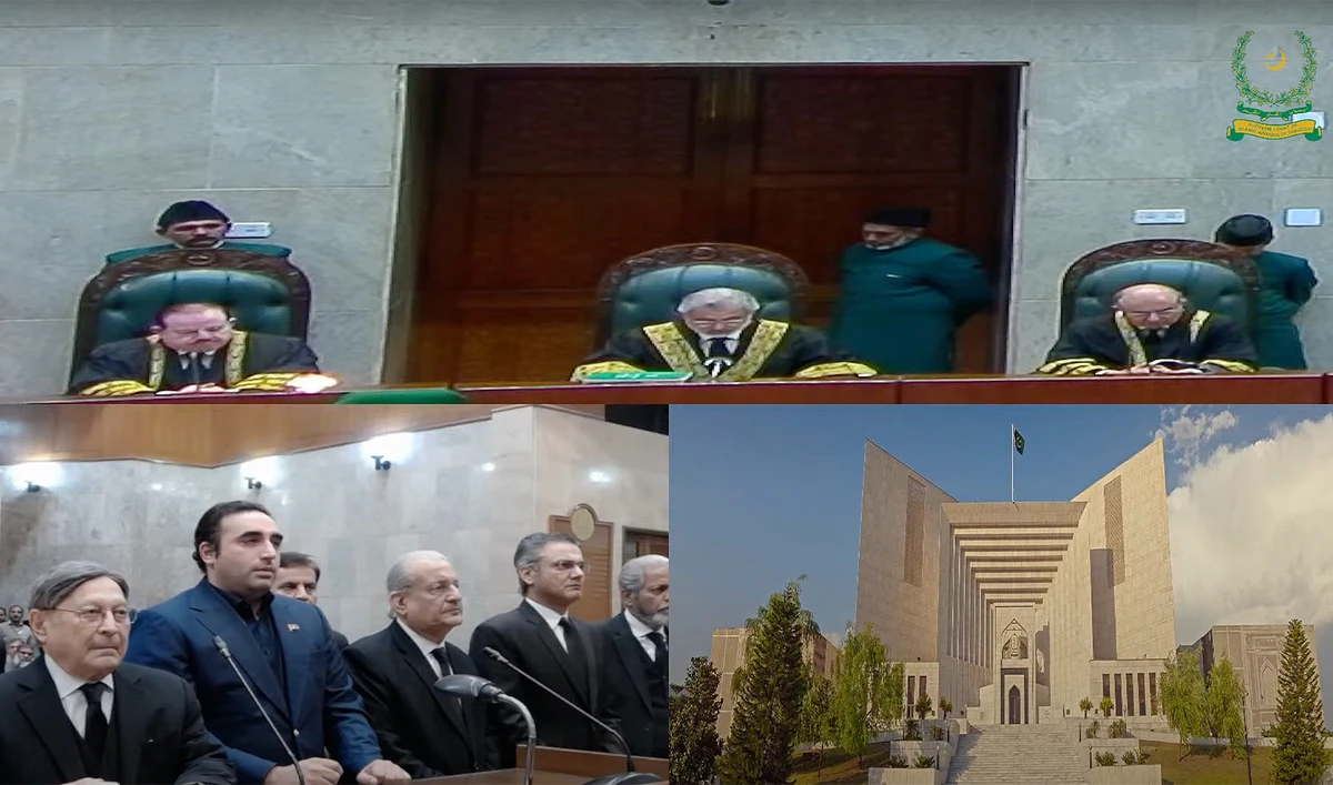 The screengrab taken from a video shared by Supreme Court of Pakistan shows top judges announcing the verdict in a presidential reference to review the 44-year-old death sentence of former prime minister Zulfikar Ali Bhutto in Islamabad, Pakistan. (Supreme Court of Pakistan)