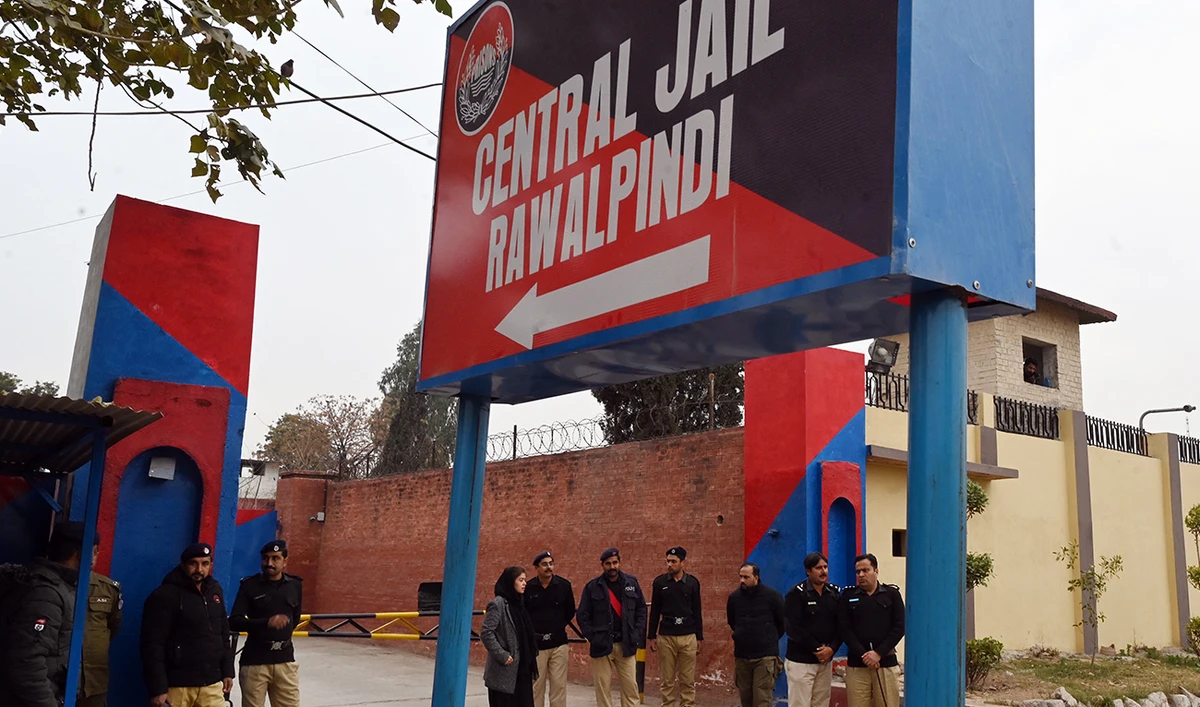 Police personnel stand outside the entrance of Adiala jail during the hearing of jailed former Pakistan's Prime Minister Imran Khan, in Rawalpindi on January 30, 2024. (AFP/File)