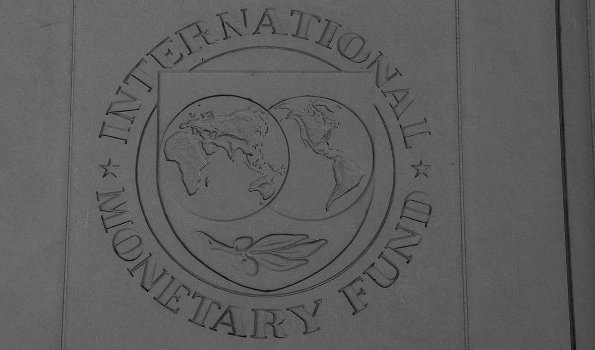 The logo of the International Monetary Fund (IMF) is seen on a wall of its headquarters in Washington, DC, on April 14, 2020. (AFP/File)