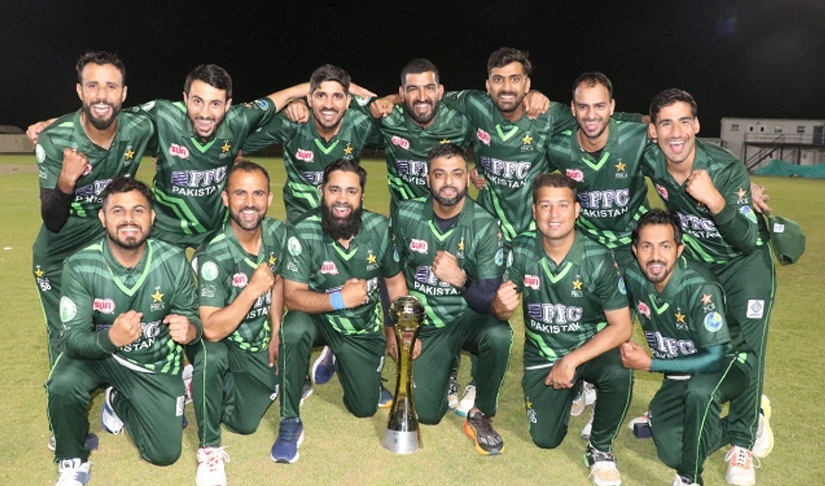Pakistan Deaf Cricket Team gesture for a group photo after winning Deaf International Cricket Council (DICC) T20 World Cup 2024 in Sharjah on March 13, 2024. (Photo courtesy: PCB)