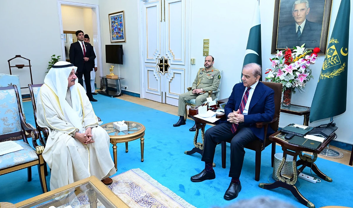 Kuwait’s Ambassador Nassar Abdulrahman Jasser Almutairi in a meeting with Prime Minister Shehbaz Sharif in Islamabad, Pakistan on March 19, 2024. (PID)