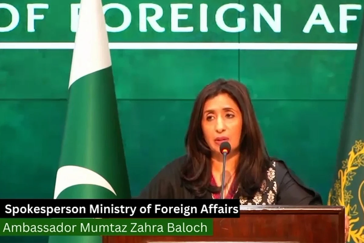 The screengrab taken from Foreign Office video shows Pakistan's Foreign Office Spokesperson Mumtaz Zahra Baloch speaking during a media briefing in Islamabad, Pakistan, on March 21, 2024. (Foreign Office)