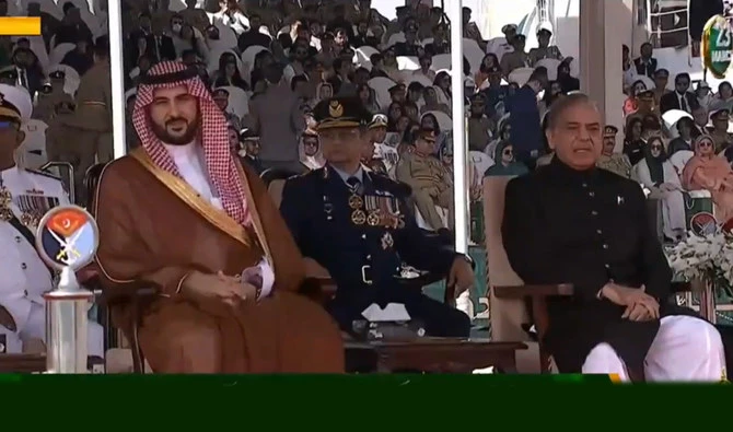 The still image taken from a live stream shows Defense Minister of Kingdom of Saudi Arabia Prince Khalid Bin Salman attending the Pakistan Day military parade as a chief guest in Islamabad on March 23, 2024. (Photo courtesy: PTV)