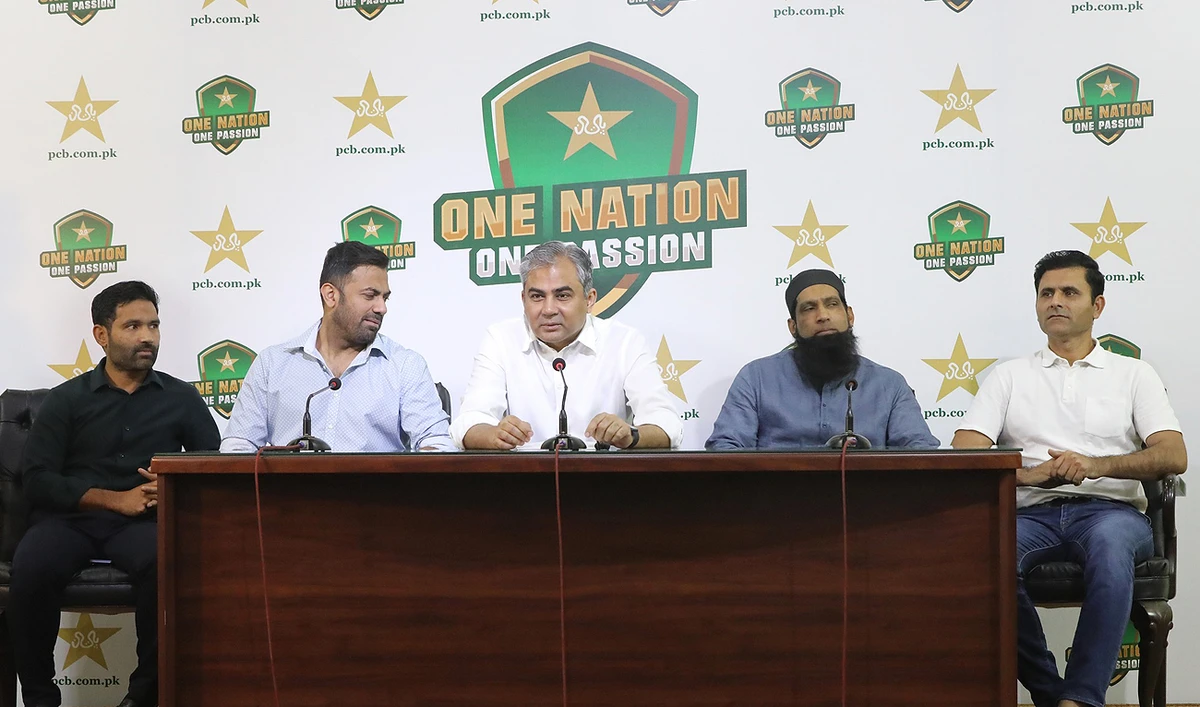 Pakistan Cricket Board Chairman Mohsin Naqvi (C) speaks during a press conference in Lahore on March 24, 2024. (Photo courtesy: PCB)