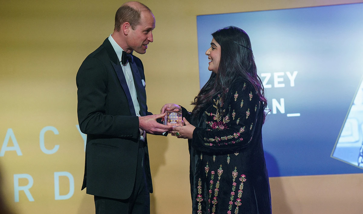 Britain’s Prince William awards Alizey Khan from Pakistan during the Diana Legacy Awards at the Science Museum in London, Britain, March 14, 2024. (REUTERS)