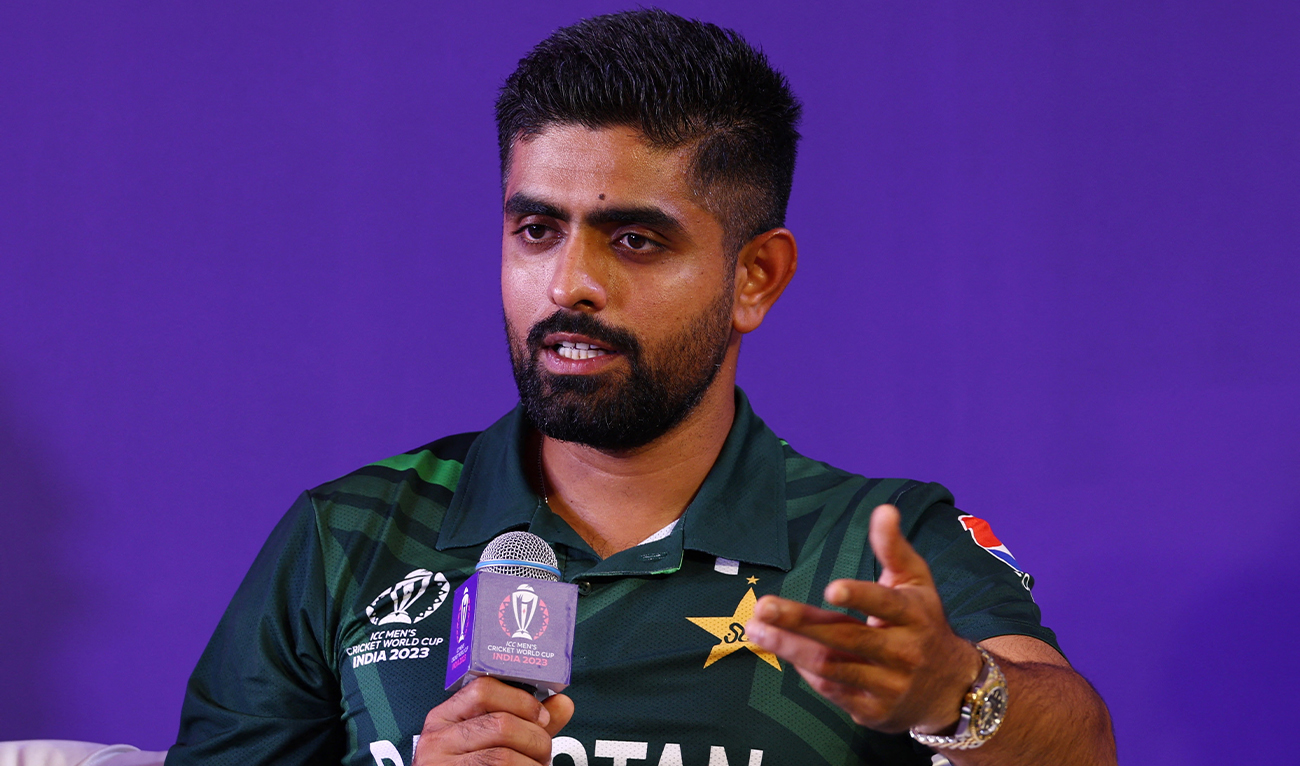 Pakistan's captain Babar Azam speaks during captain's press conference on the eve of ICC Men's Cricket World Cup in Ahmedabad, India, on October 4, 2023. (AP/File)