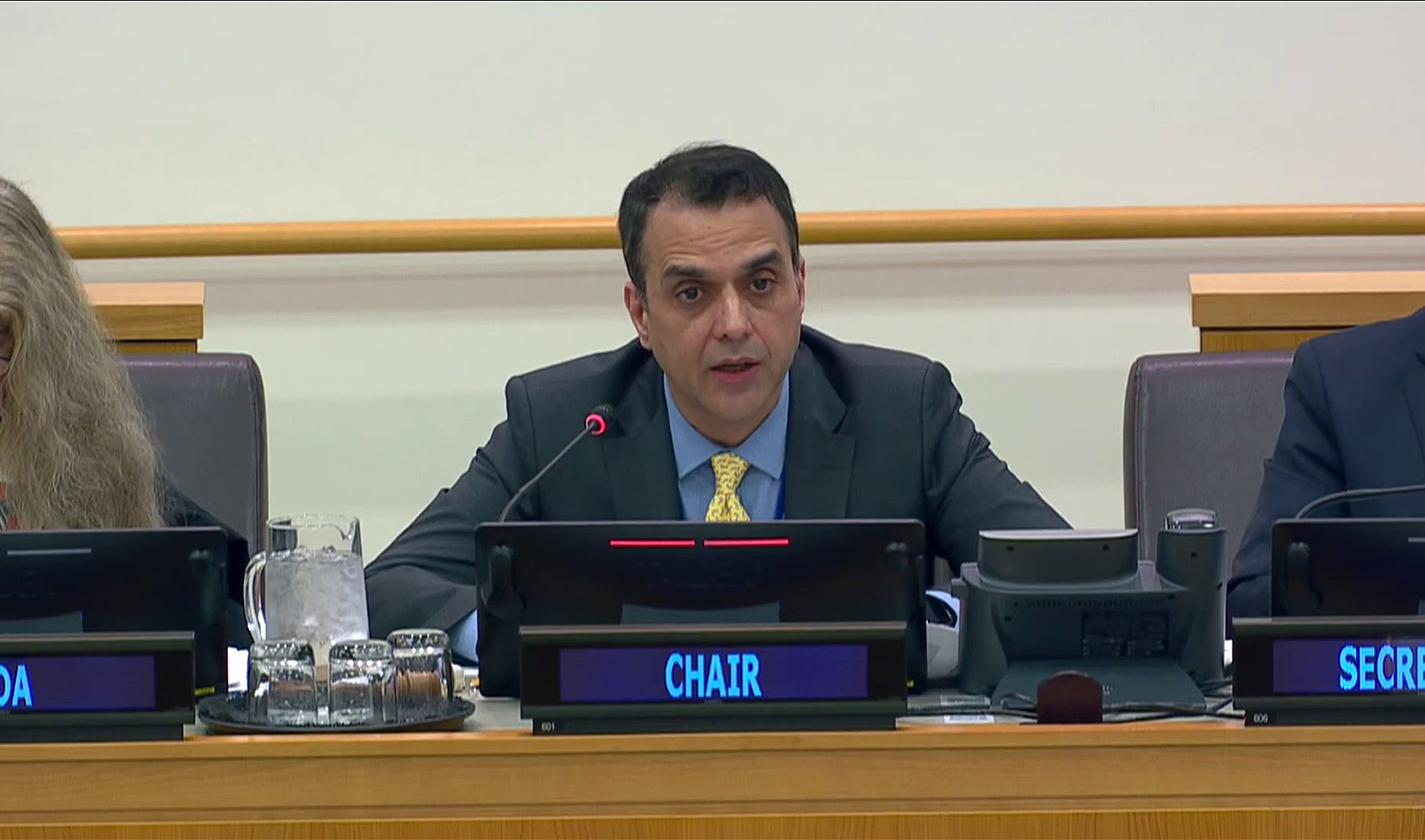 Newly elected chair of UN Disarmament Commission, Usman Jadoon, is addressing a session in New York, US, on April 1, 2024. (@PakistanUN_NY/X)