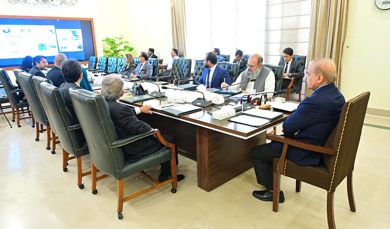 Prime Minister Muhammad Shehbaz Sharif chairs a meeting regarding export sector in Islamabad on April 2, 2024. (PMO)