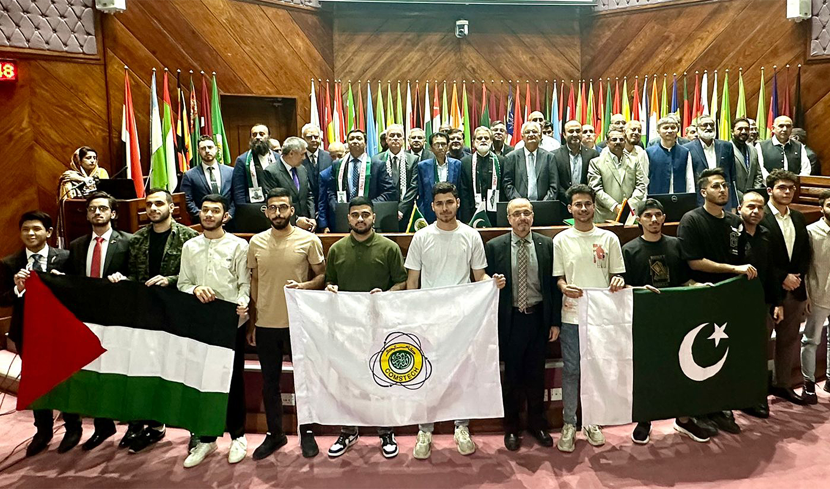 Palestinian students pose for a picture at Organization of Islamic Cooperation’s (OIC) Standing Committee on Scientific and Technological Cooperation (COMSTECH) in Islamabad, Pakistan on April 2, 2024. (AN photo)