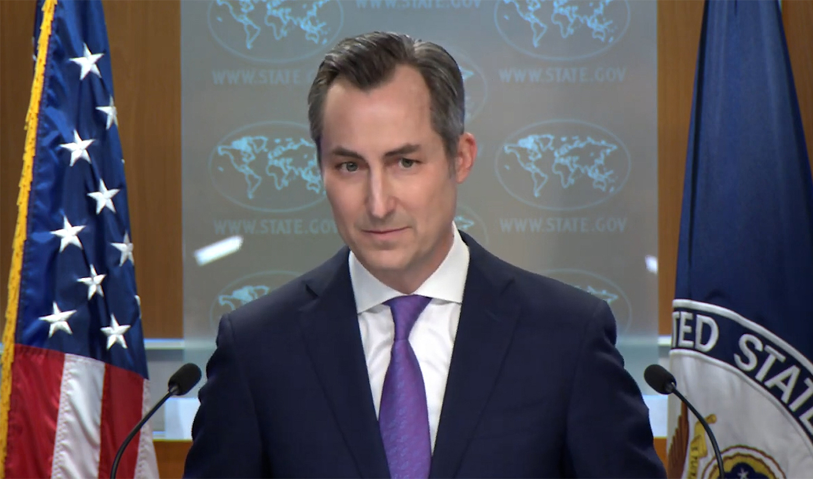 US State Department spokesperson Matthew Miller speaks to journalists during weekly press briefing in Washington, US on April 3, 2024. (US State Department)