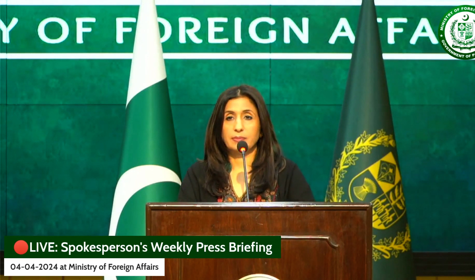 The screengrab taken from a video shared by Pakistan's foreign ministry shows foreign office spokesperson, Mumtaz Zahra Baloch, addressing a media briefing in Islamabad, Pakistan on April 4, 2024. (MOFA)