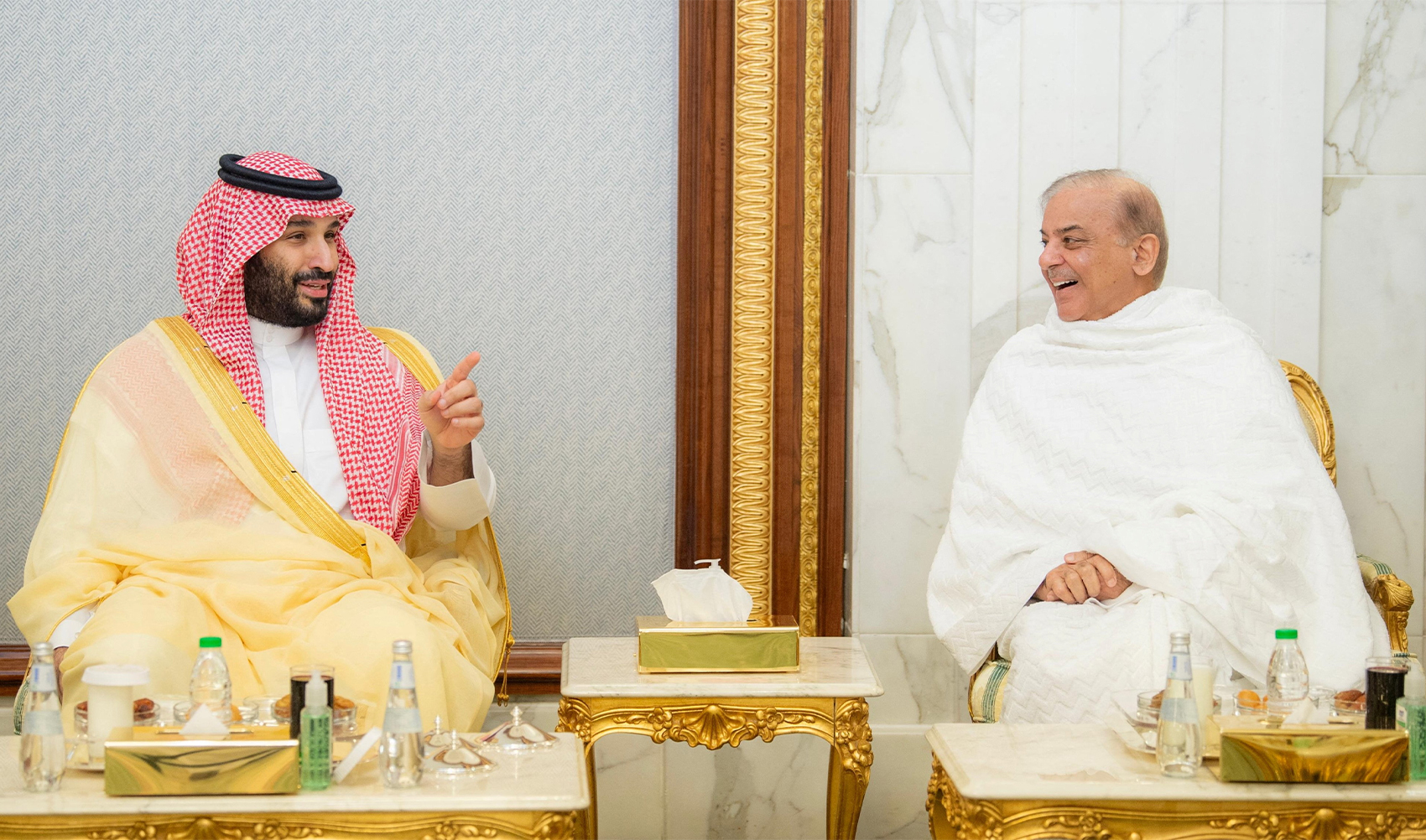 Saudi Crown Prince Mohammed bin Salman meets Pakistan's Prime Minister Shehbaz Sharif and Bahrain's Crown Prince and Prime Minister Sheikh Salman bin Hamad al-Khalifa in his palace on the eve of 29th Ramadan, during the holy month of Ramadan, in the holy city of Makkah, Saudi Arabia, on April 7, 2024. (Saudi Press Agency/REUTERS)