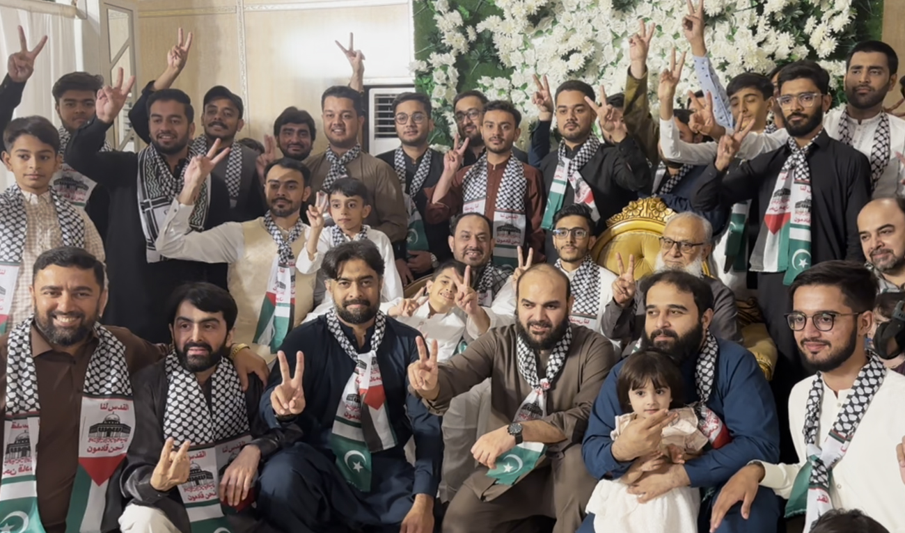 Guests pose for a photo at the engagement ceremony of couple who dedicated their engagement ceremony to solidarity with Palestine in Karachi, Pakistan on April 12, 2024. (AN Photo)