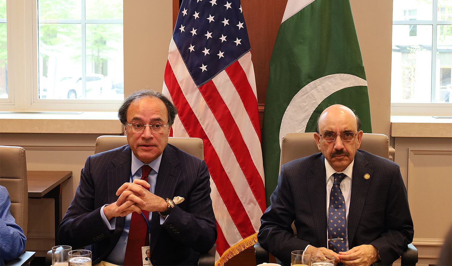 Pakistan's Federal Minister for Finance and Revenue, Muhammad Aurangzeb (left), attends a meeting in Washington, US, on April 15, 2024. (Pakistan Finance Ministry)