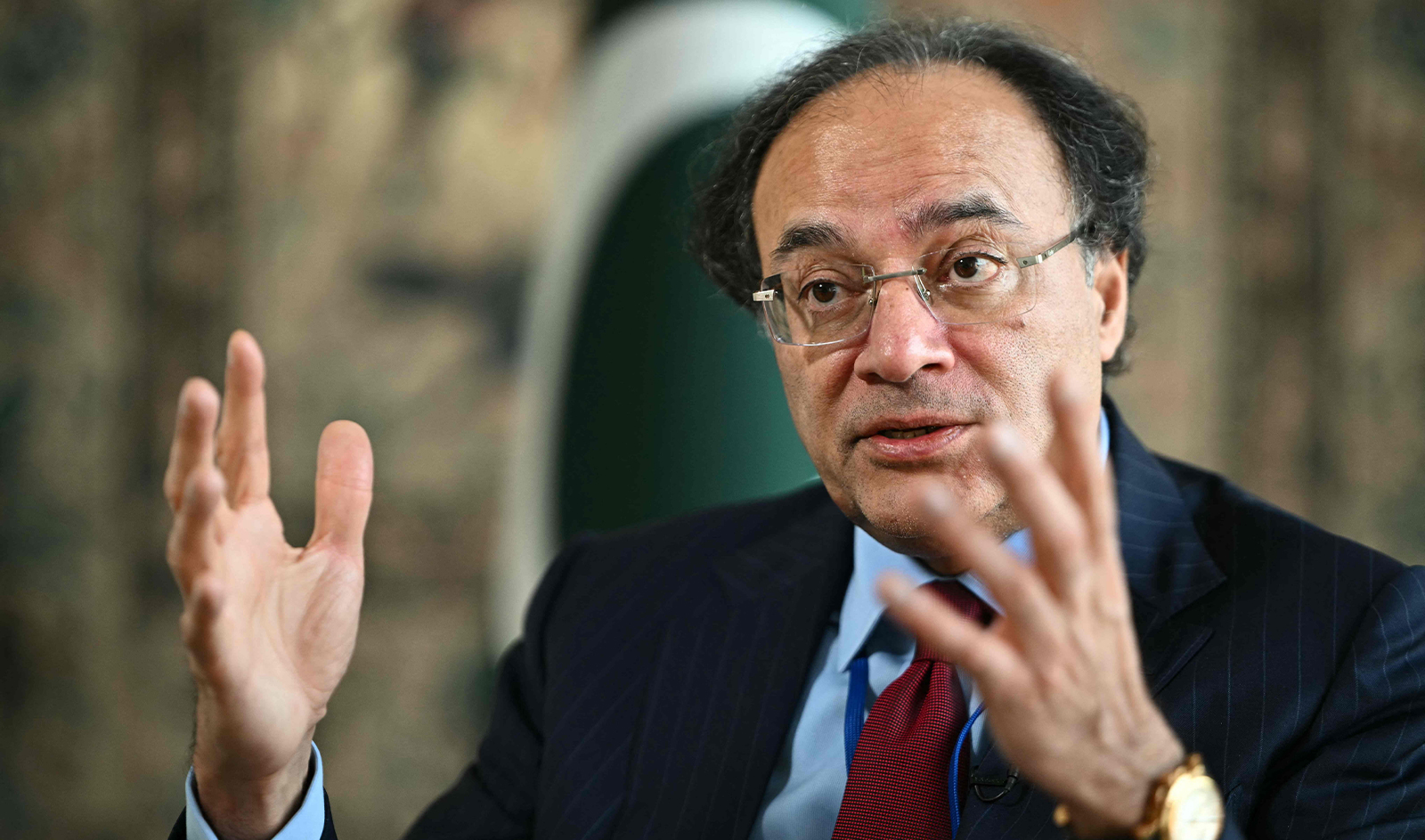 Pakistan's Finance Minister Muhammad Aurangzeb speaks during an interview with AFP at the Embassy of Pakistan in Washington, DC on April 15, 2024. (AFP)