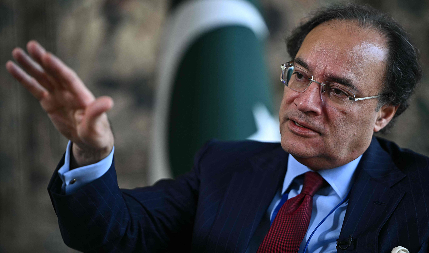 Pakistan's Finance Minister Muhammad Aurangzeb speaks during an interview with AFP at the Embassy of Pakistan in Washington, DC on April 15, 2024. (AFP)