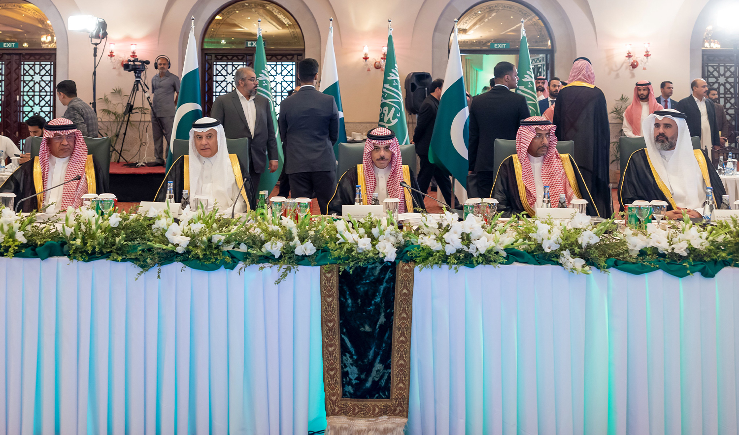 Saudi Arabia's Foreign Minister Prince Faisal bin Farhan (center) attends the Pakistan-Saudi Arabia Investment Conference with his Pakistani counterpart, Ishaq Dar (not pictured), in Islamabad, Pakistan on April 16, 2024. (@KSAMOFA/X)