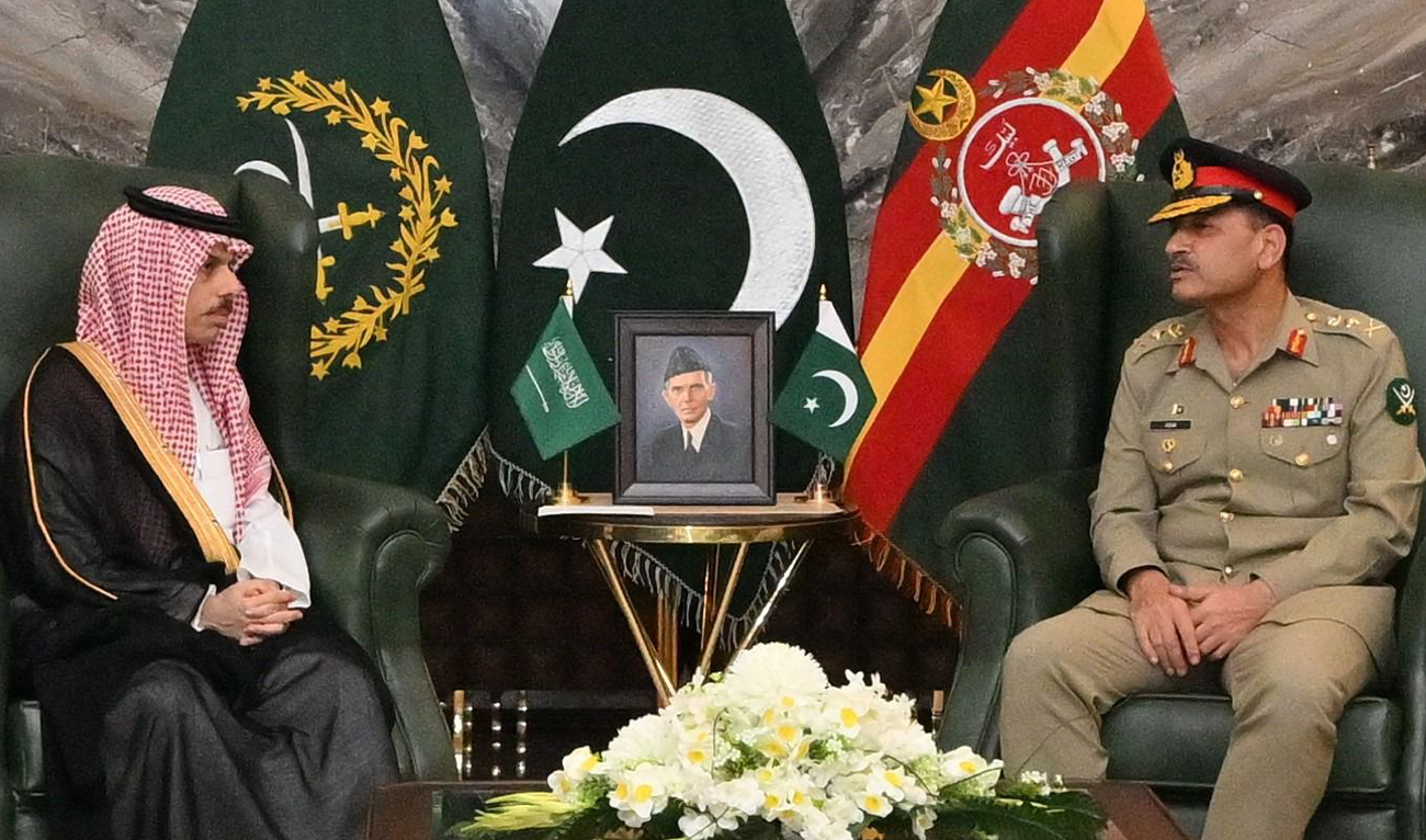 Saudi Arabia’s foreign minister, Prince Faisal bin Farhan (left) meeting with Pakistan's army chief, General Asim Munir in Islamabad, Pakistan on April 178, 2024. (Photo courtesy: Military's media wing)