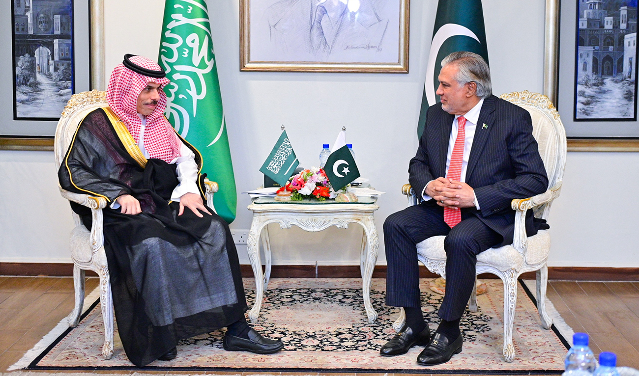 Pakistan's Foreign Minister Ishaq Dar meets Saudi Arabia's Foreign Minister Prince Faisal bin Farhan bin Abdullah, at the Ministry of Foreign Affairs, in Islamabad, Pakistan on April 16, 2024. (Ministry of Foreign Affairs)