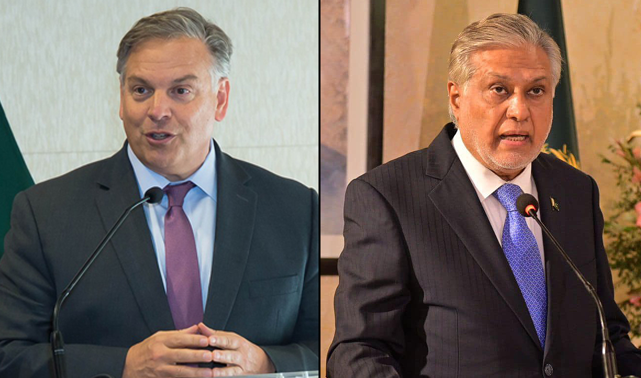 This combination of photos created on April 18, 2024, shows Pakistan Foreign Minister Ishaq Dar (right) in Islamabad on March 27, 2024 and United States Ambassador to Pakistan Donald Blome (left) in Islamabad on March 8, 2024. (Photo courtesy: MOFA/US Embassy Islamabad)