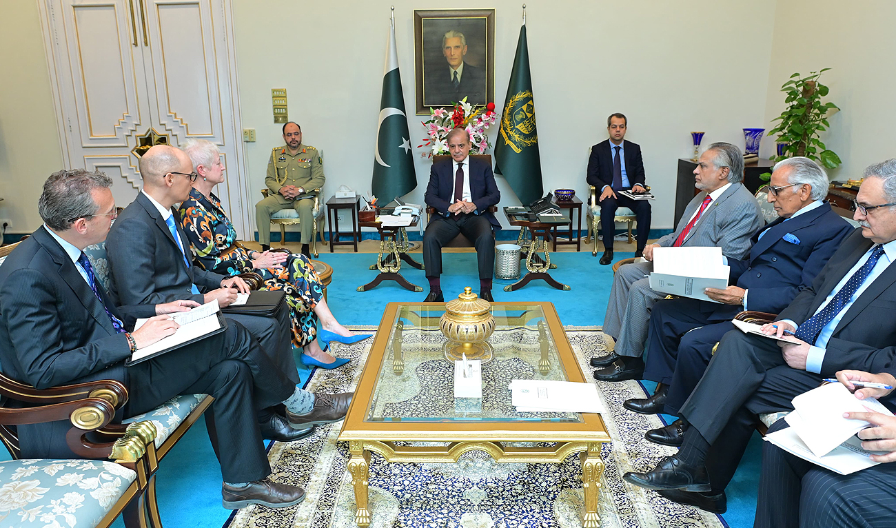 Pakistan Prime Minister Shehbaz Sharif (C) meets with Ambassador of the European Union, Riina Kionka (3L), in Islamabad on April 18, 2024. (Photo courtesy: PMO)