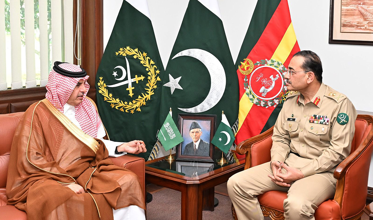 In this handout photo, taken and released by Pakistan’s Inter-Service Public Relations on April 19, 2024, Chief of Army Staff of Pakistan Asim Munir (right) meets Saudi Assistant Defense Minister Talal Bin Abdullah Bin Turki Al-Otaibi during his visit to the General Headquarters in Rawalpindi. (Photo courtesy: ISPR)