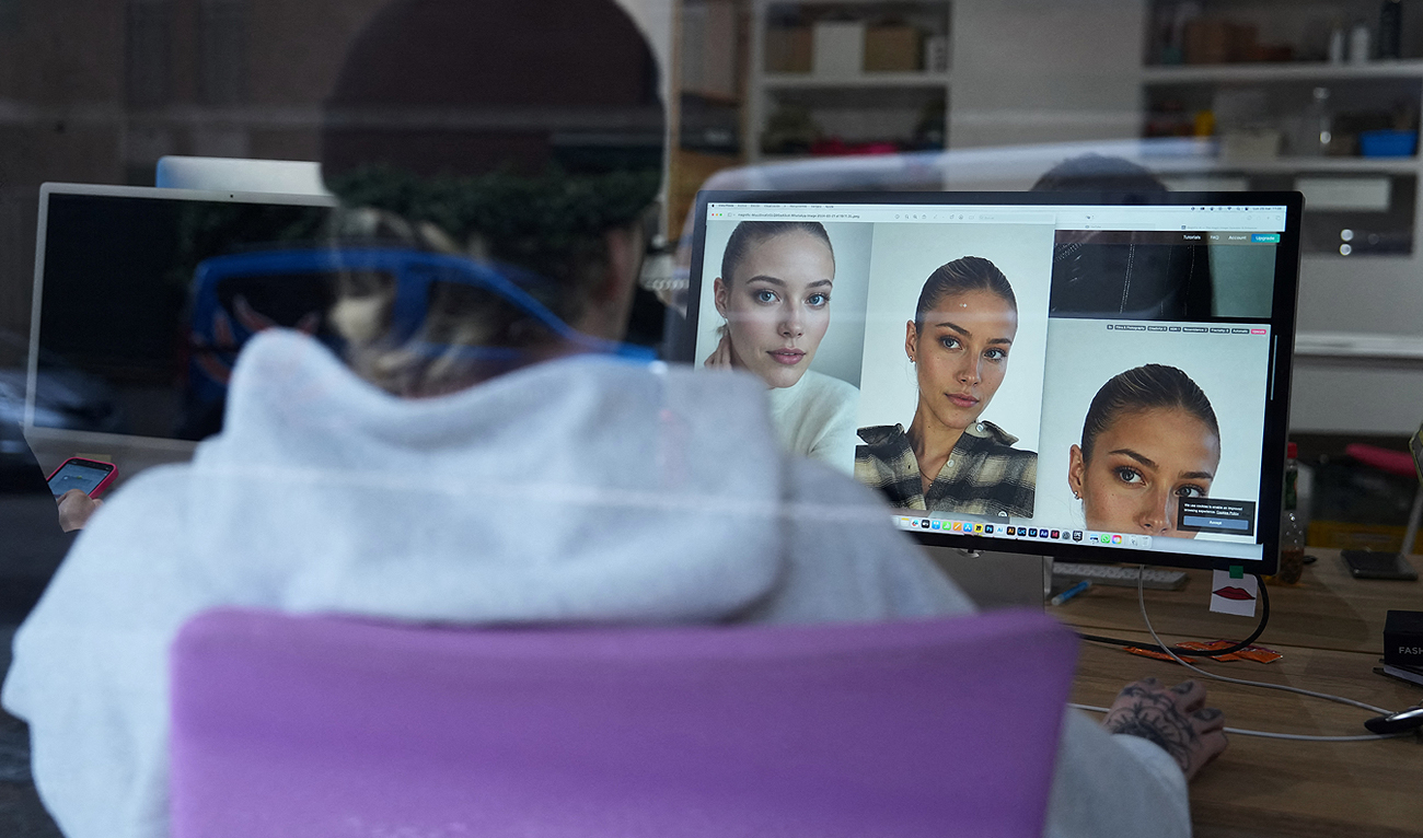 Spanish co-founder and creative director at The Clueless agency Ruben Cruz works on his computer on artificial intelligence generated image of models, at the headquarters of The Clueless company in Barcelona, on March 25, 2024. (AFP/File)