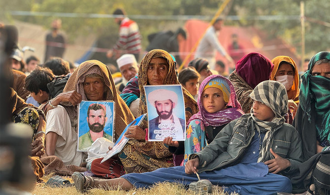 The picture shared by Baloch Yakjahti Committee - Kech on January 1, 2024, shows Baloch protestors staging a sit-in outside the National Press Club in Islamabad, Pakistan, against alleged rights abuses and “genocide” of the Baloch nation in southwestern Pakistan. (@BYCKech/File)