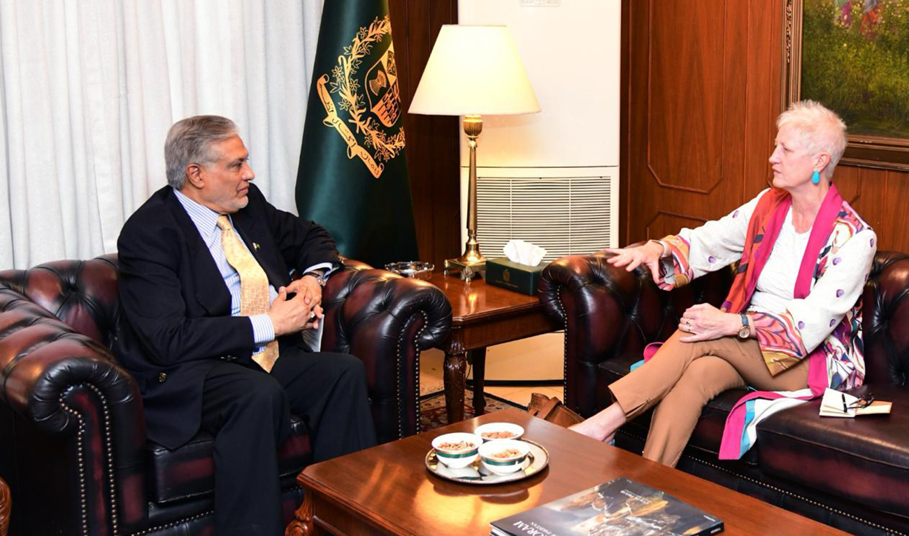 Pakistan’s Foreign Minister Ishaq Dar meeting with EU Ambassador Riina Kionka in Islamabad on April 24, 2024. (Ministry of Foreign Affairs)