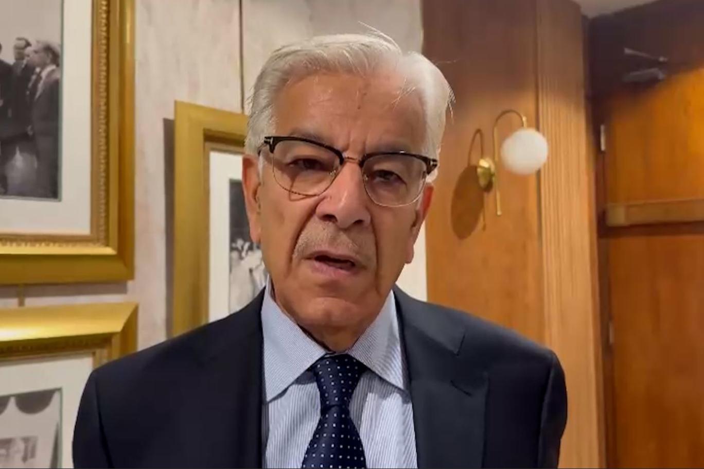 Pakistan’s Defense Minister Khawaja Muhammad Asif speaks to Independent Urdu in Islamabad, Pakistan on April 24, 2024. (Independent Urdu)