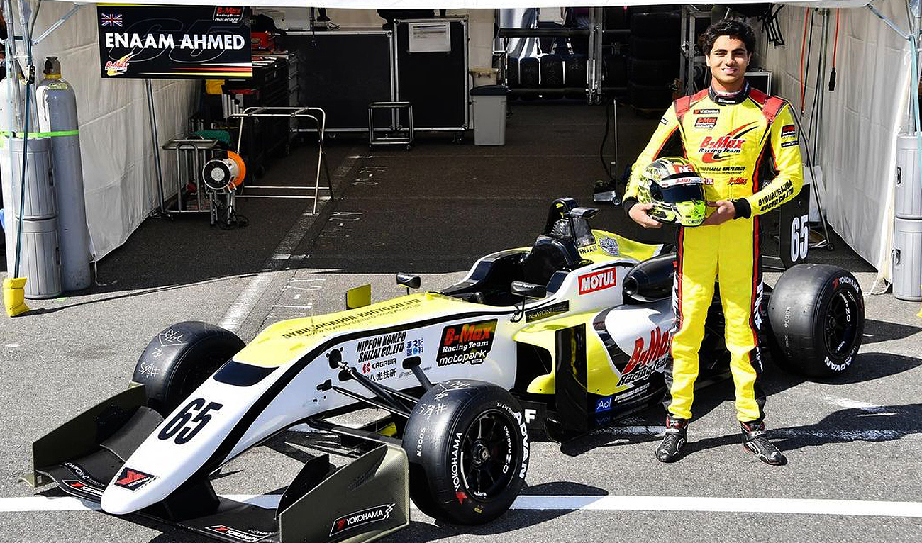 This photo, posted on April 3, 2024, shows British-Pakistani racer Enaam Ahmed at the Formula 3 Podium in Japan. (Photo courtesy: Instagram/enaamofficial)