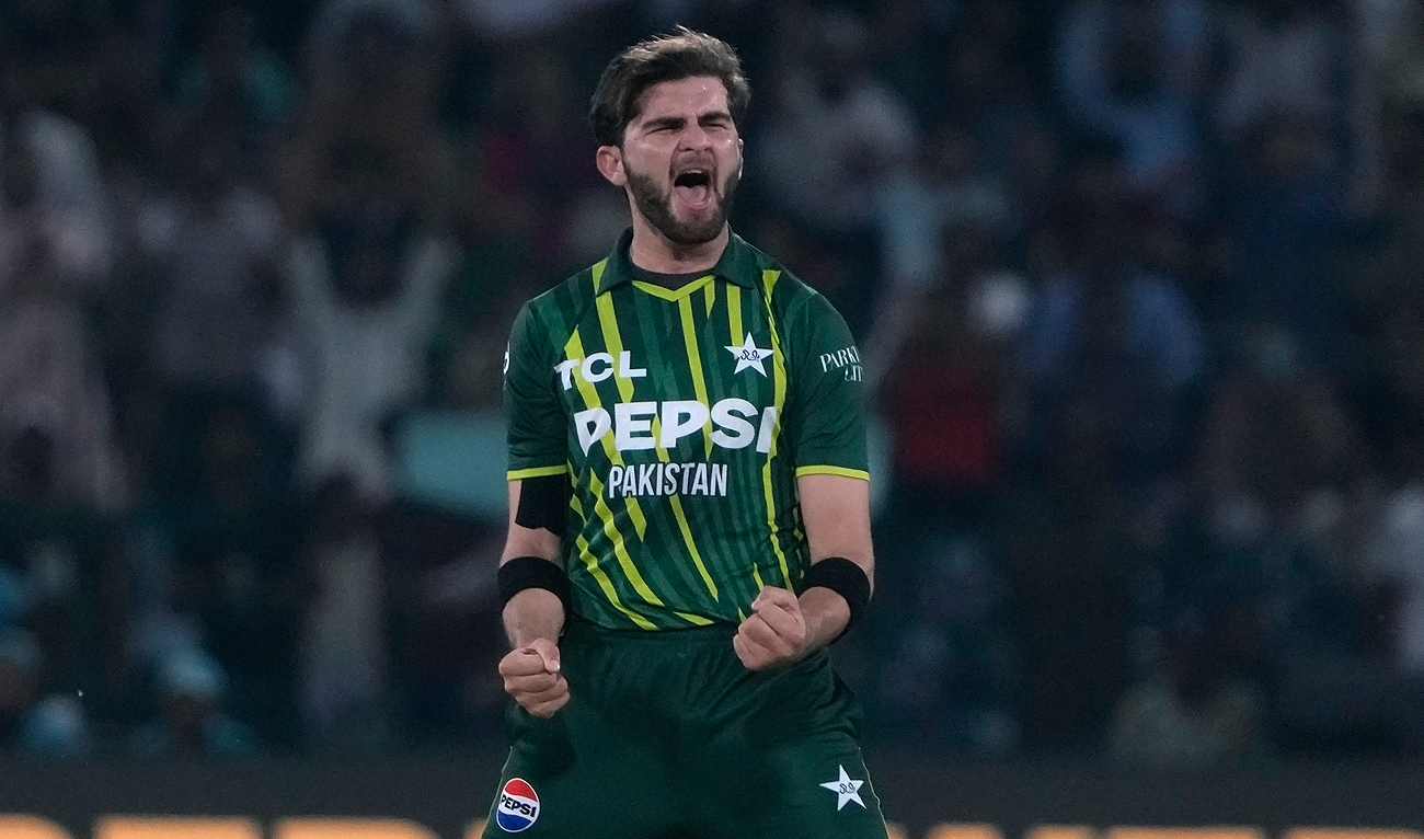 Pakistan’s Shaheen Shah Afridi celebrates after taking the wicket of New Zealand’s Ish Sodhi during the fifth T20 international cricket match between Pakistan and New Zealand, in Lahore, Pakistan, Saturday, April 27, 2024. (AP)